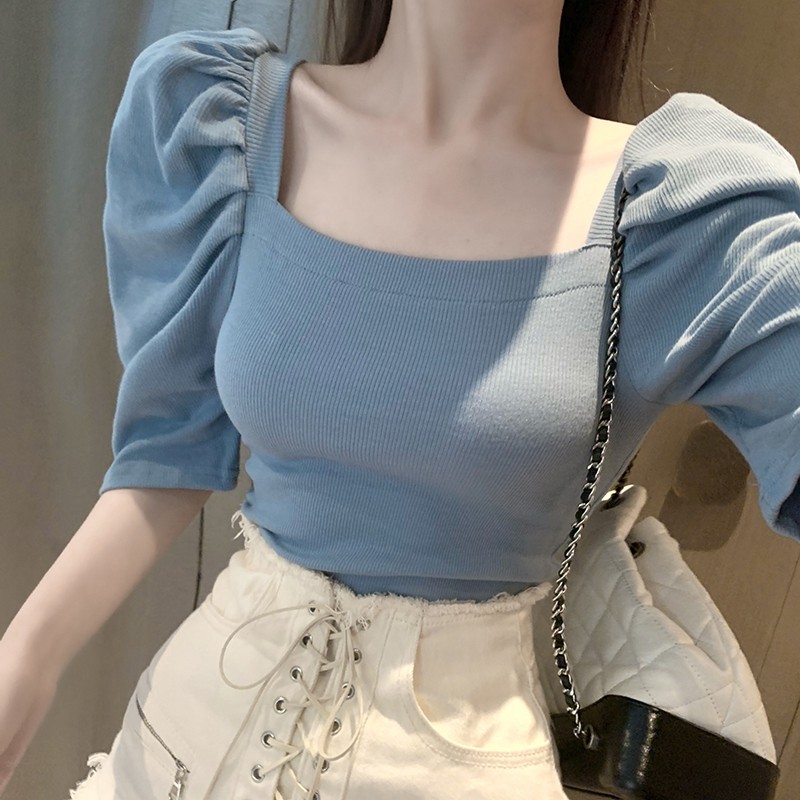 冰丝针织衫女短袖夏2025新款修身显瘦短款t恤方领泡泡袖上衣ins潮