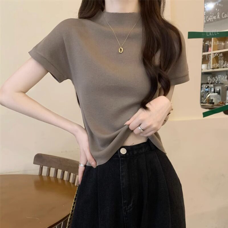 半高领冰丝针织短袖t恤女春秋2026新款韩版复古打底衫短款上衣女