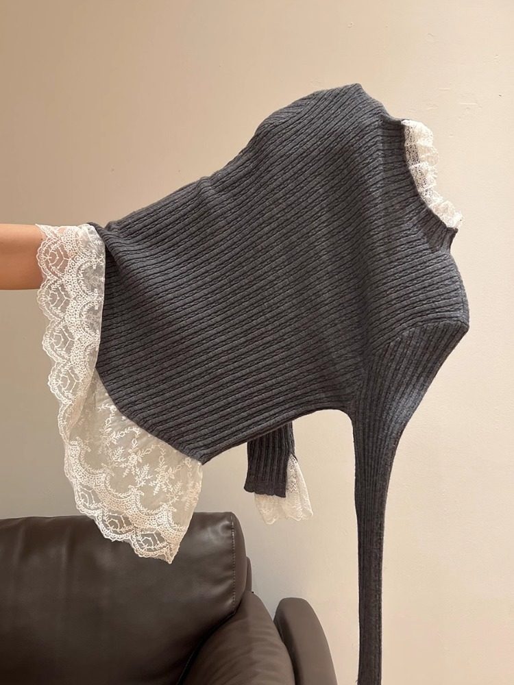 蕾丝拼接半高领针织衫女春秋冬2025新款修身软糯打底衫内搭上衣女