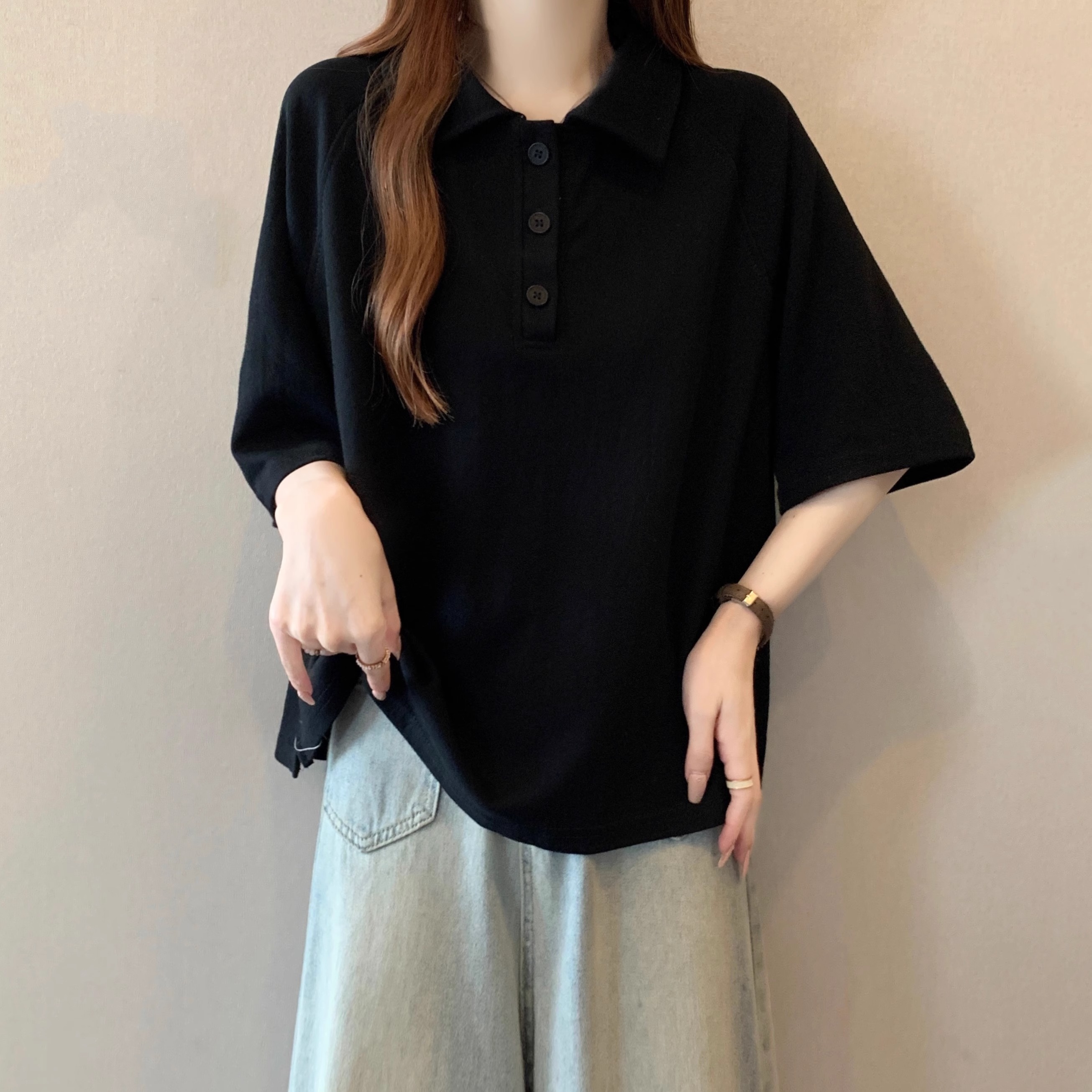 Polo衫短袖T恤女夏季2025新款大码时尚百搭宽松显瘦正肩短款上衣