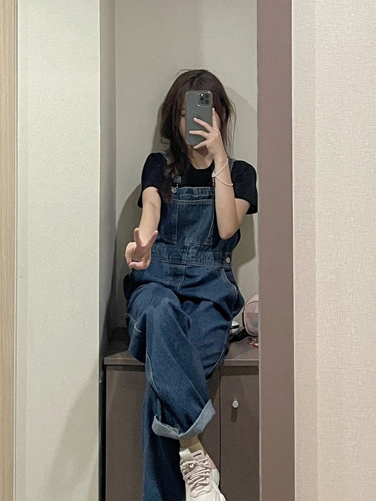 牛仔背带裤女夏季薄款2025新款小个子设计感小众直筒阔腿连体裤子