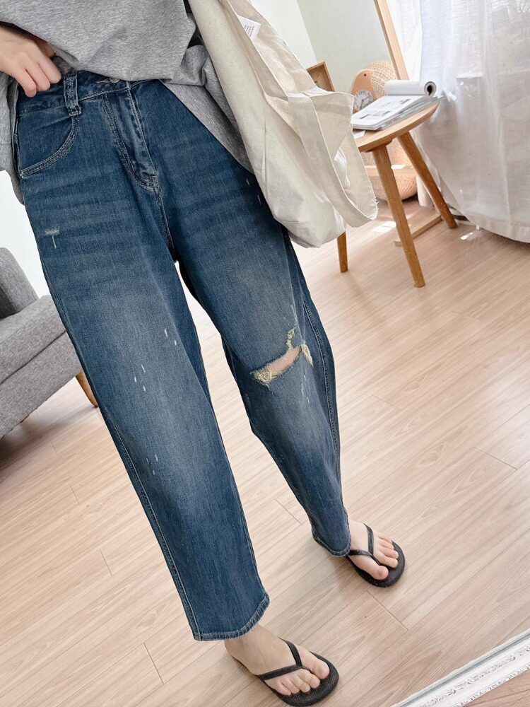 水洗破洞牛仔裤女春秋季2025新款高腰弹力显瘦时尚九分直筒裤子女