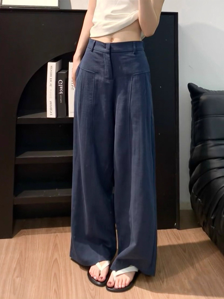 藏青色亚麻阔腿裤女夏季薄款2025新款高腰老钱风棉麻西装直筒裤子