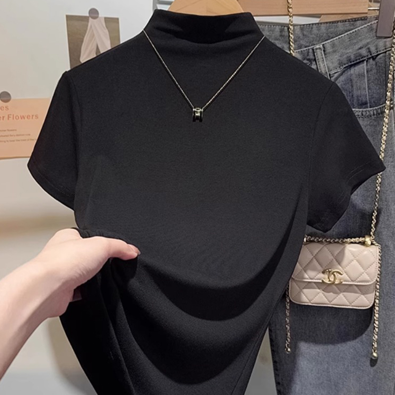 黑色短袖T恤女2025夏季新款修身显瘦洋派螺纹冰丝针织半高领上衣
