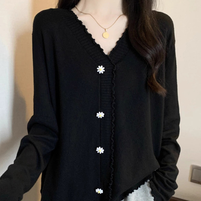 木耳边V领针织衫女春秋2025新款大尺码时尚百搭打底衫正肩长袖上