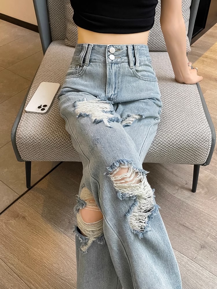 破洞牛仔裤女夏季薄款2025新款韩版高腰显瘦做旧直筒阔腿裤子女潮