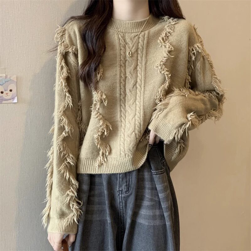 流苏短款麻花毛衣女秋冬2025新款温柔软糯小个子内搭针织衫女上衣