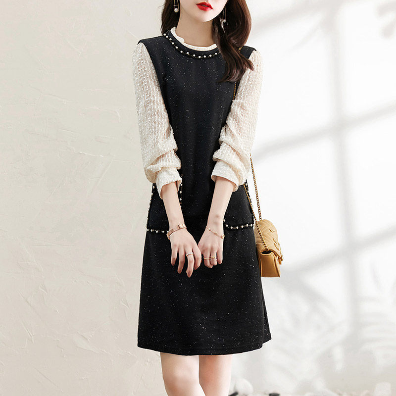 小香风连衣裙女春秋装2025年新款小个子法式气质长袖假两件裙子女