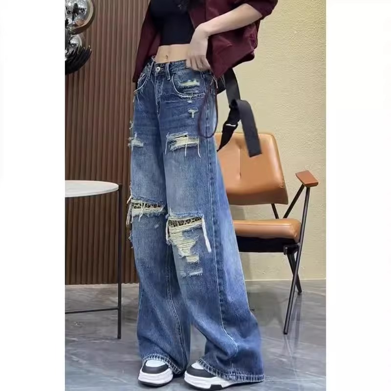 破洞牛仔裤女夏季薄款2025新款设计感大码梨形身材遮胯显瘦阔腿裤