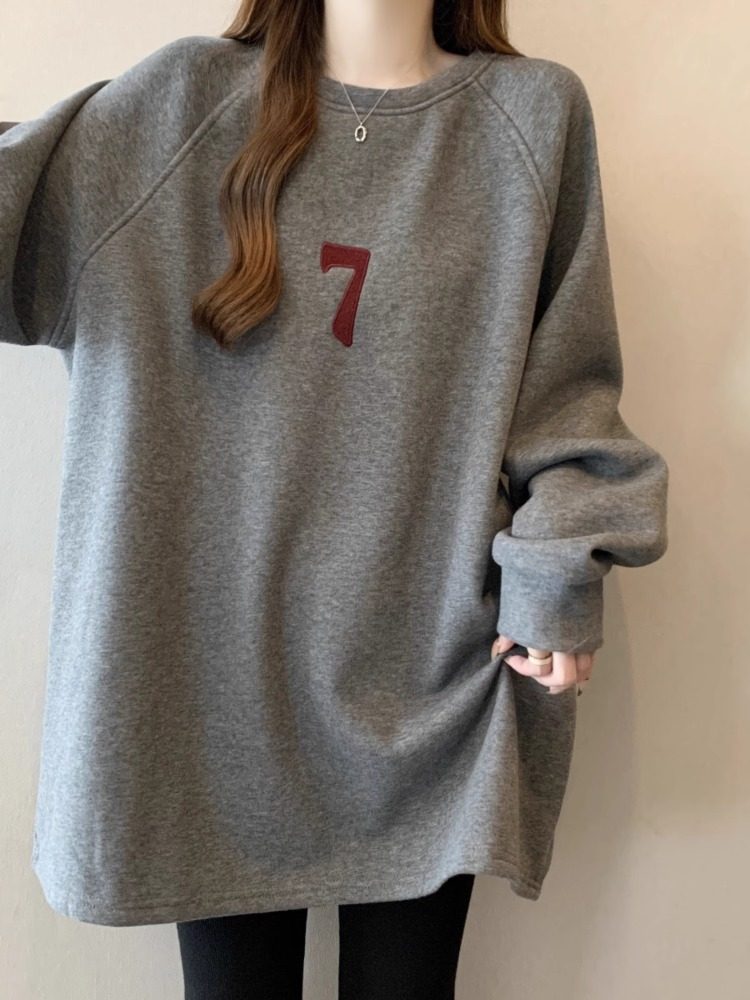 刺绣中长款卫衣女春秋季韩版2025新款大码慵懒风宽松打底衫上衣女