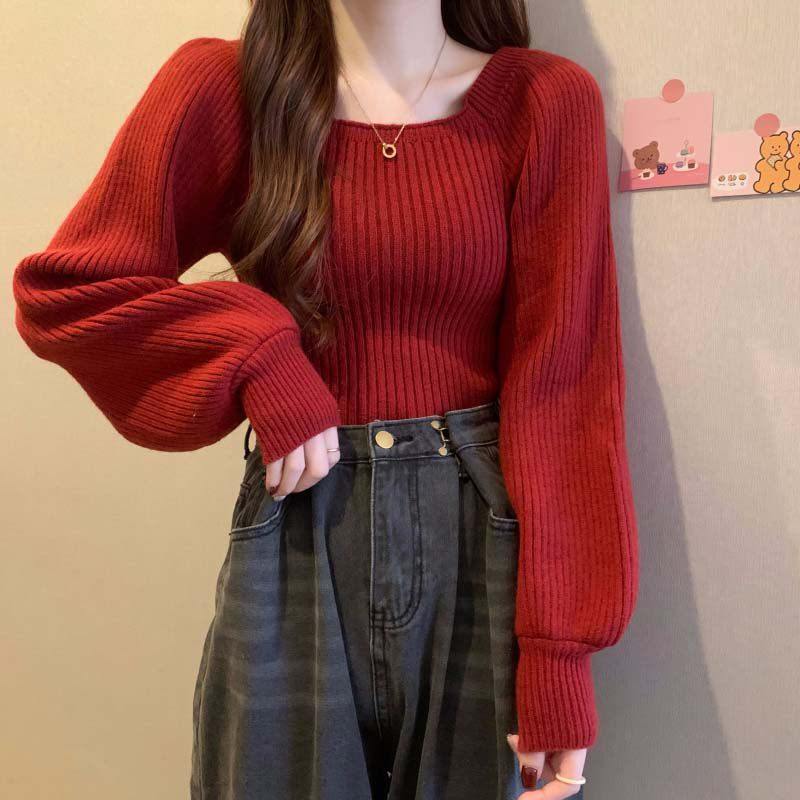 方领红色毛衣女春秋冬2025新款设计感小众针织打底衫泡泡袖上衣女