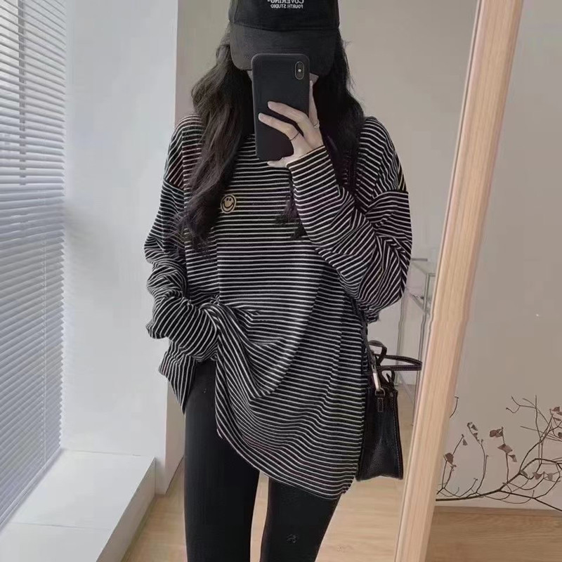 条纹长袖t恤女中长款春秋2026新款时尚百搭磨毛打底衫时尚上衣女
