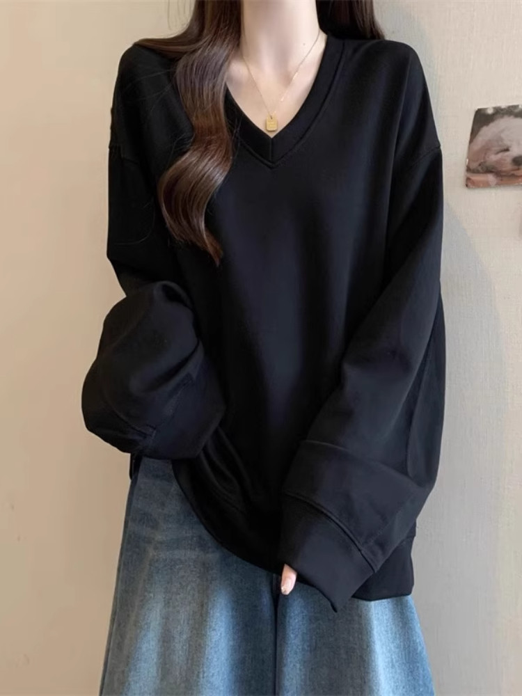 慵懒风黑色V领正肩卫衣女2025春秋季新款大码胖mm宽松中长款上衣