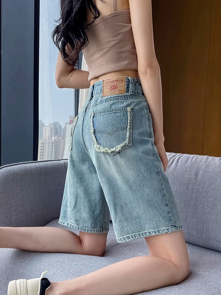 五分牛仔短裤女夏季薄款2025新款高腰显瘦a字直筒阔腿中裤马裤子
