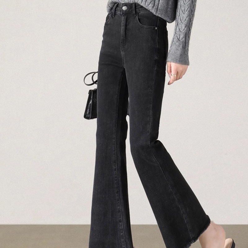 黑色微喇牛仔裤女春秋季覆古2025新款小个子高腰显瘦毛边喇叭裤子