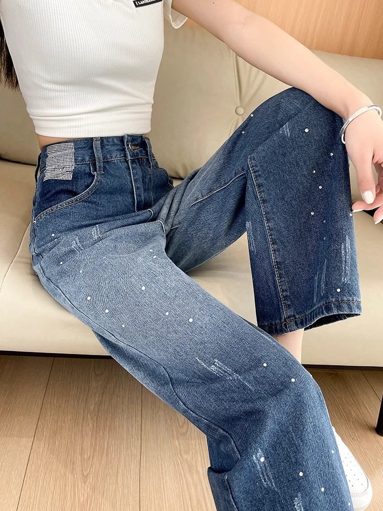 渐层色牛仔裤女春秋2025新款设计感高腰宽松垂感镶钻拖地阔腿裤子
