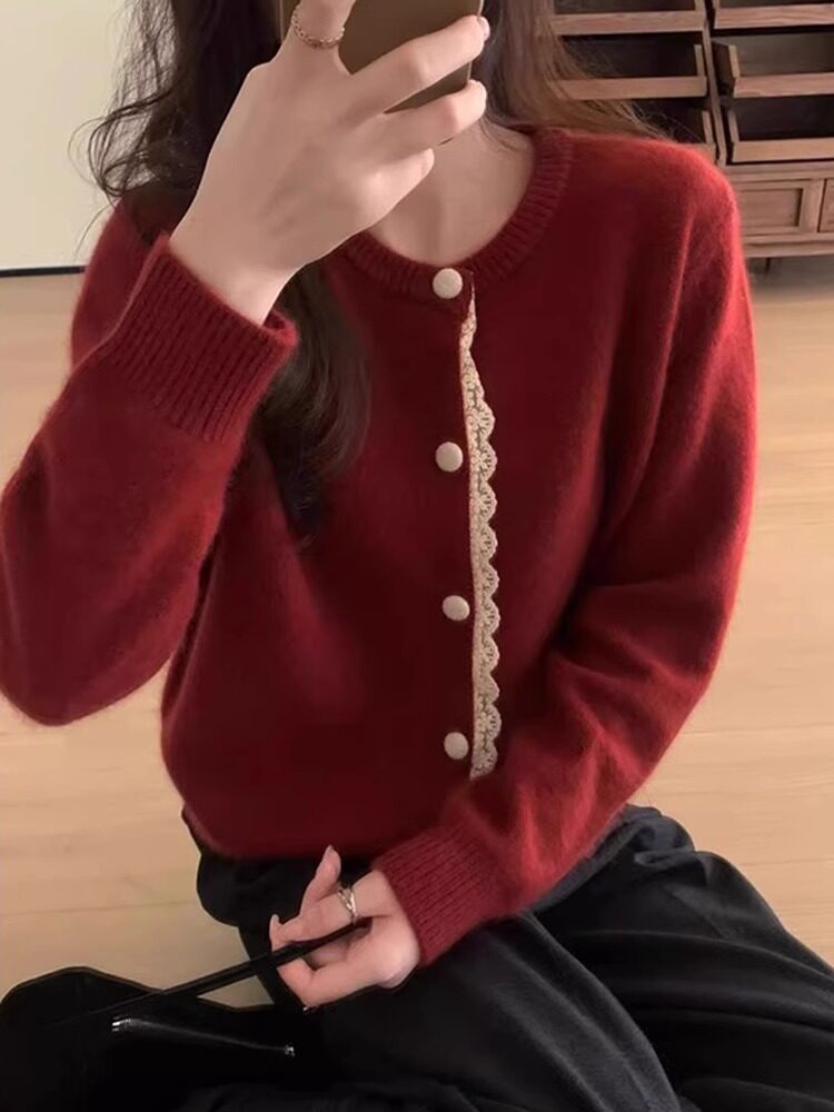 蕾丝边红色毛衣外套女春秋2025新款设计感小香风针织开衫新年上衣