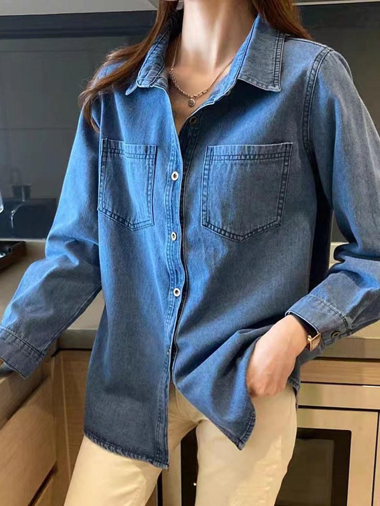 牛仔衬衫女春秋薄款2025新款大码覆古宽松设计感叠穿长袖打底衬衣