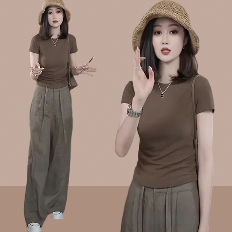 时尚套装女夏季百搭2025新款韩版显瘦短袖t恤阔腿拖地裤两件套潮