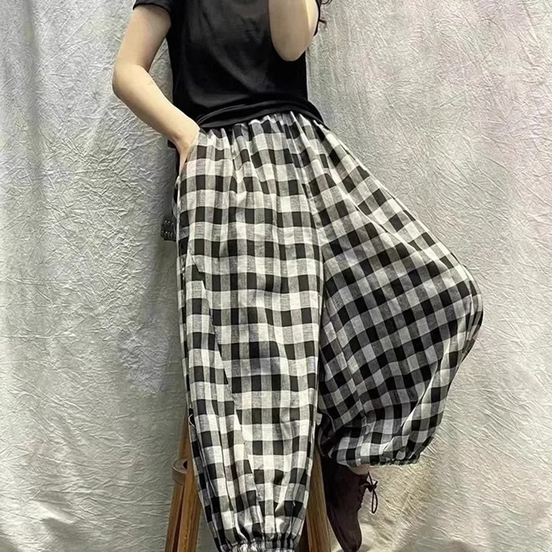 棉麻格子阔腿裤女夏季薄款2025新款设计感复古时尚宽松九分灯笼裤