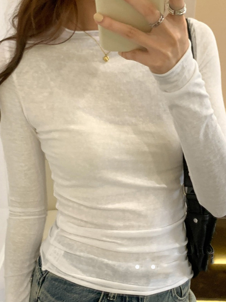 冰丝长袖t恤女春秋2025新款防晒罩衫打底衫上衣白色内搭针织罩衫