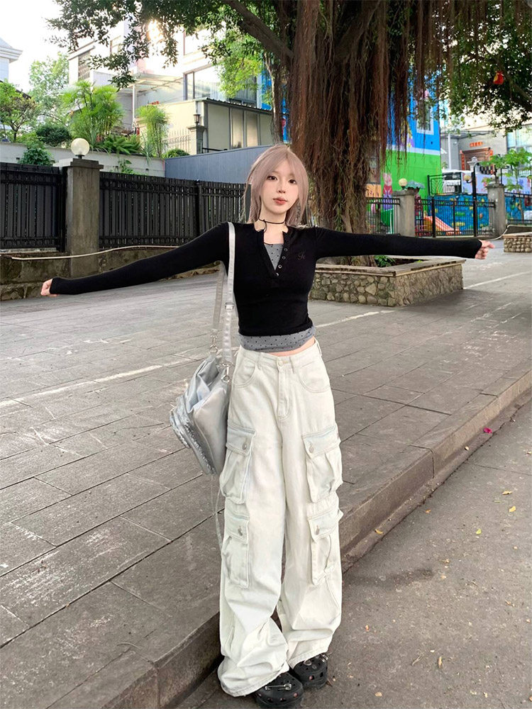 长袖t恤女春秋2025年新款美式覆古甜辣假两件波点小个子短款上衣