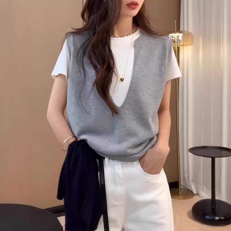 冰丝假两件短袖t恤女夏季薄款2026新款宽松显瘦大码针织衫上衣潮