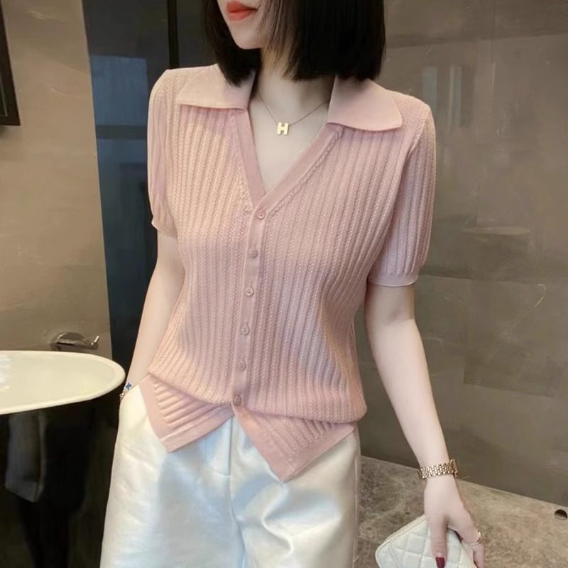 冰丝短袖t恤女夏季2026新款洋气时尚气质百搭针织衫V领通勤上衣潮