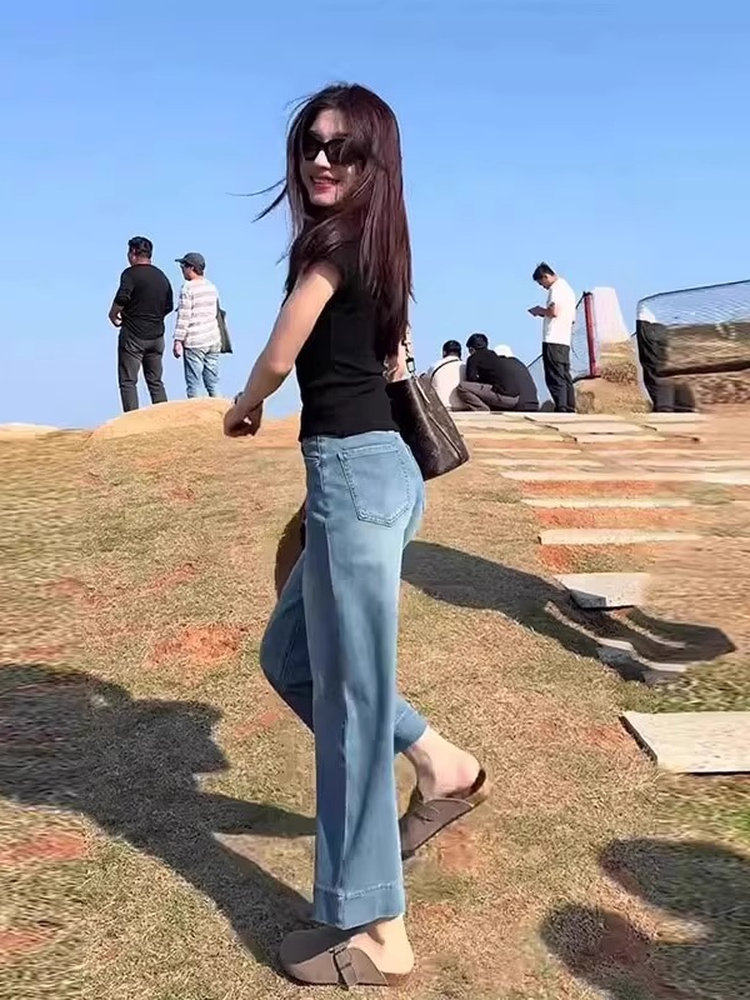 浅蓝牛仔裤女夏季薄款2025新款冰丝宽松直筒九分小个子天丝阔腿裤