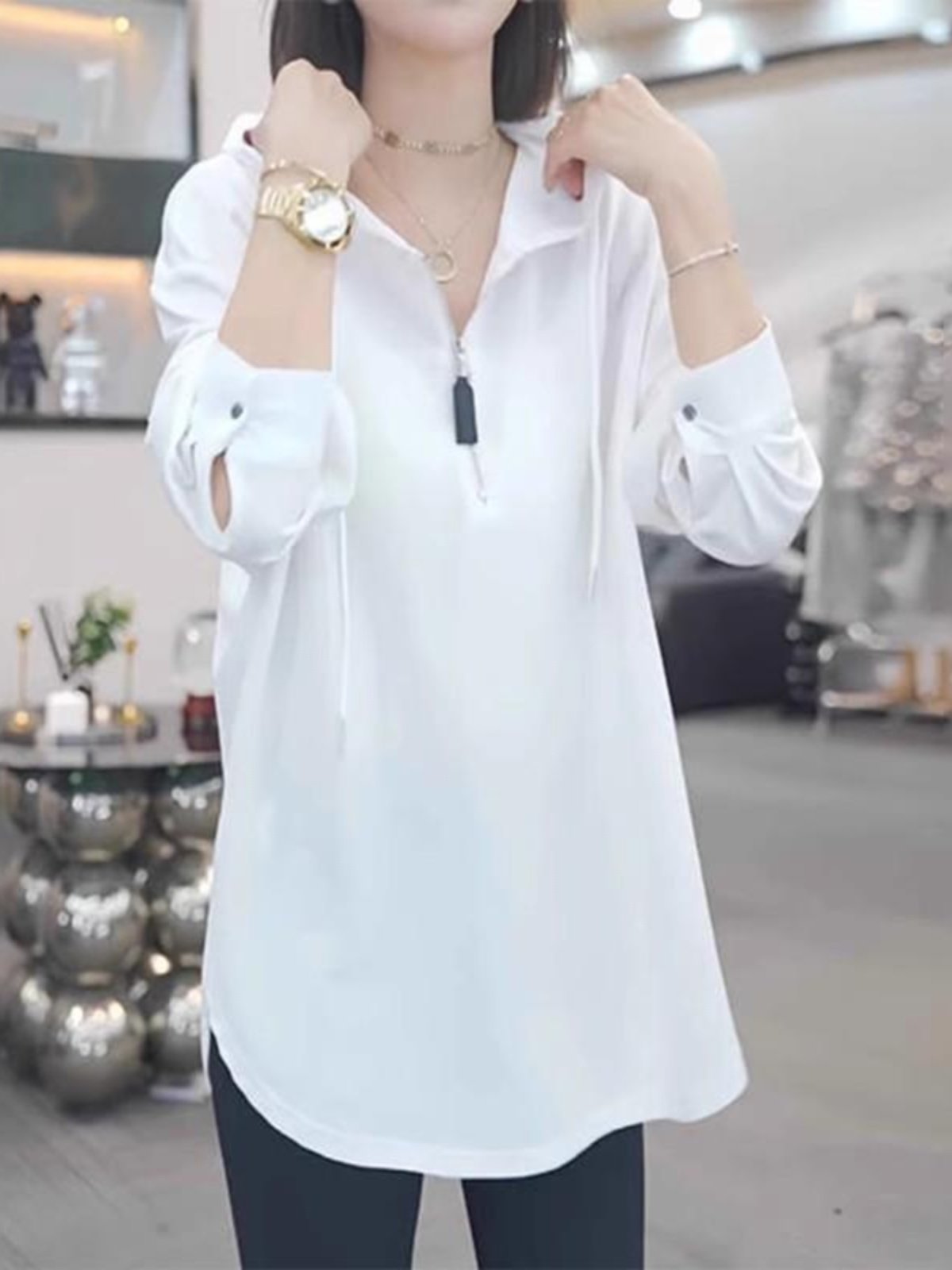 连帽卫衣女春秋薄款2025年新款白色半拉炼胖mm中长款宽松长袖上衣