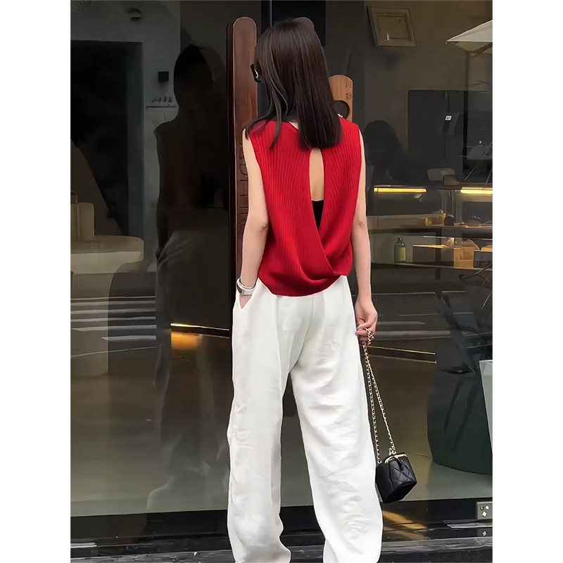 红色针织衫女夏季2026新款韩版时尚设计感小众无袖百搭背心上衣潮