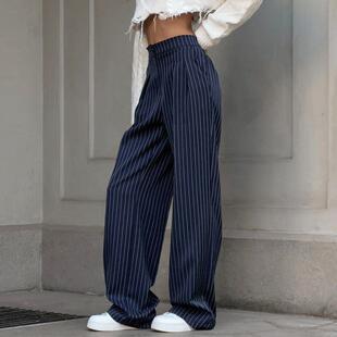 Women's INS High Waist Tube Wide Leg Pants Navy Blue Stripe