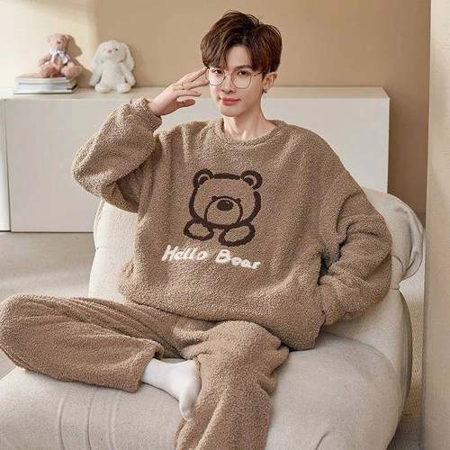 Autumn Winter Men's Coral Velvet Thickened Warm Pajamas Roun