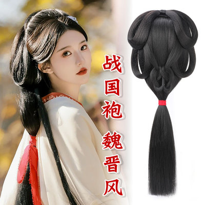 战国袍假发汉服头饰女古风一体式全套后压盘发垫发包古装日常发髻