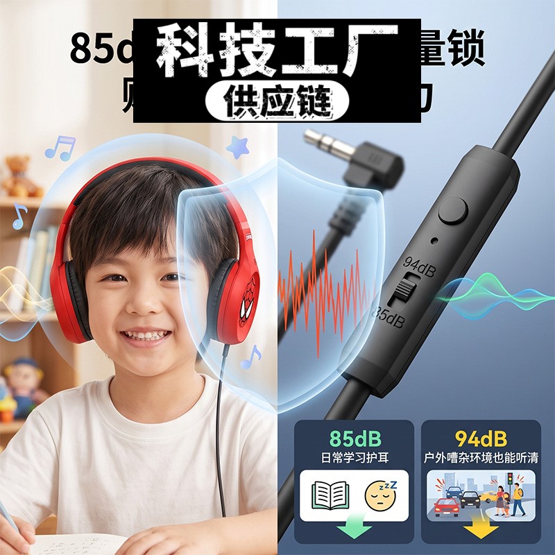 运动蓝牙耳机新款卡通头戴式耳机儿童音量限制学生网课学习有线耳