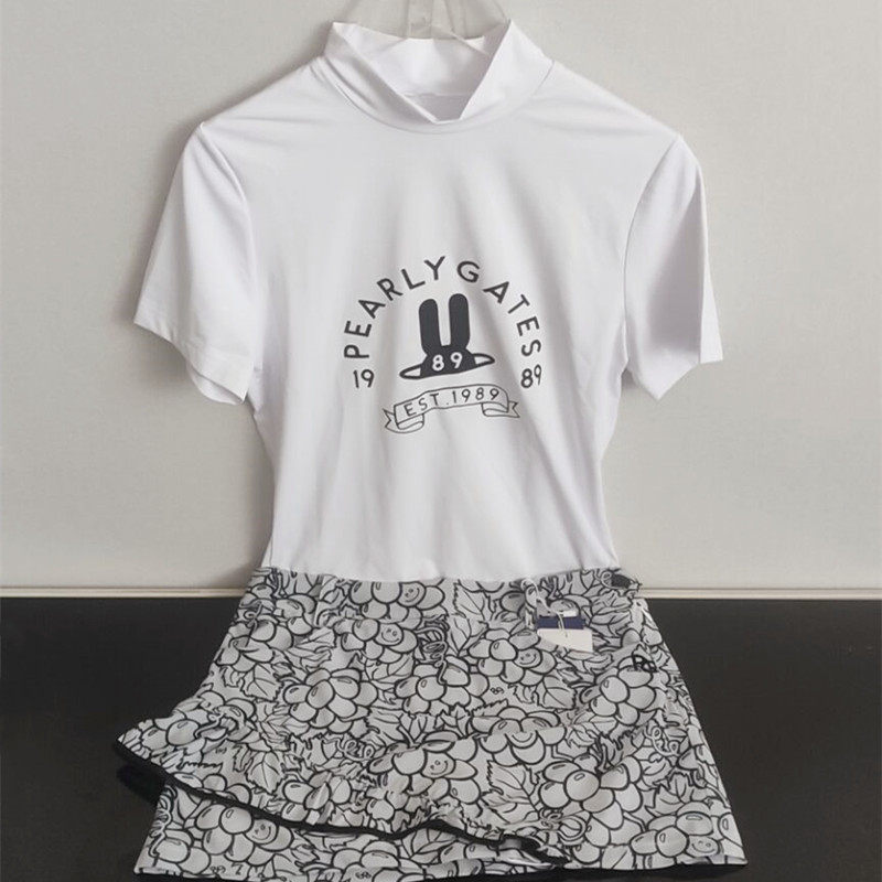 韩国高尔夫服装女短袖半高领速干T恤迷彩短裙网球羽毛球运动短裙