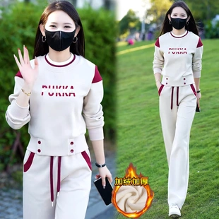 新款 時(shí)尚 兩件套女春秋冬季 拼色運(yùn)動(dòng)服套裝 洋氣休閑圓領(lǐng)衛(wèi)衣直筒褲