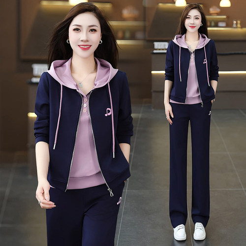 2025春秋新款时尚休闲套装女假两件连帽卫衣开衫直筒裤运动两件套