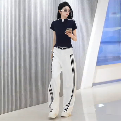 时尚洋气短袖上衣阔腿裤两件套女士2026夏季新款休闲风设计感套装