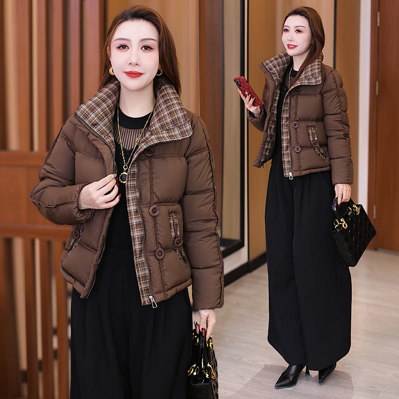 时尚洋气加厚格纹拼接短款棉服外套女冬季新款小个子棉袄韩版棉衣
