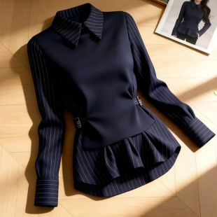 收腰衬衫 时尚 休闲韩版 新款 洋气质设计感条纹拼接假两件衬衣女春季