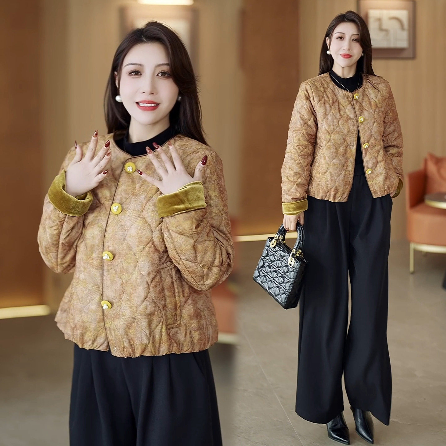 轻奢中式国风菱格纹短款棉服女士冬季新款洋气圆领小个子棉衣外套,女装/女士精品,棉衣/棉服,淘宝优惠券,粉丝福利购,淘宝优惠卷