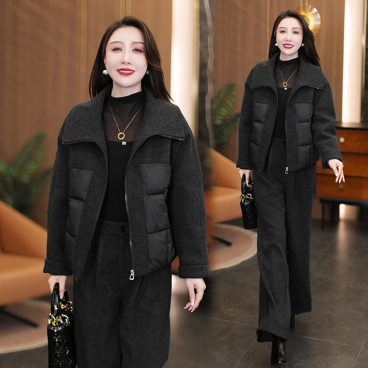 时尚休闲套装女秋冬新款加厚洋气毛呢子拼接棉衣外套阔腿裤两件套,女装/女士精品,时尚套装,淘宝优惠券,粉丝福利购,淘宝优惠卷