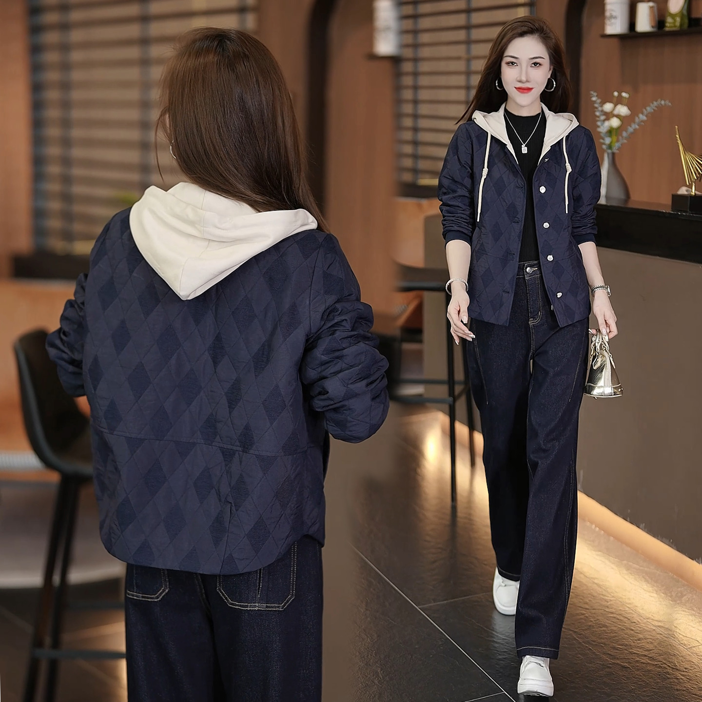 时尚连帽衫夹棉加厚短外套女秋冬新款菱格纹显瘦减龄百搭洋气上衣