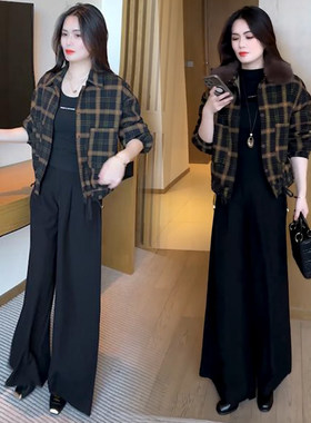 宽松休闲复古格纹加绒毛领短款外套女冬季新款洋气质开衫加厚上衣