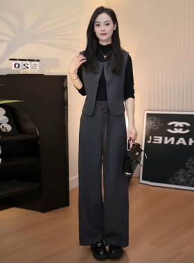 高级感时尚套装女春秋新款洋气质显瘦打底衫马甲阔腿裤职业三件套