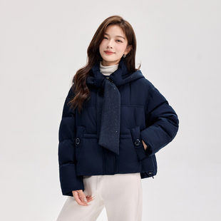 短款连帽羽绒服女冬季新款设计感小个子泡芙面包服加厚藏青色外套