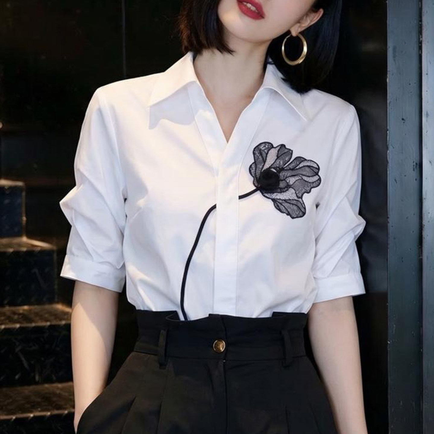 时尚五分袖韩版衬衫阔腿裤两件套女士夏季新款洋气质显瘦职业套装
