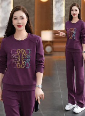 休闲运动服套装女春秋季新款烫钻圆领长袖卫衣直筒裤两件套高级感