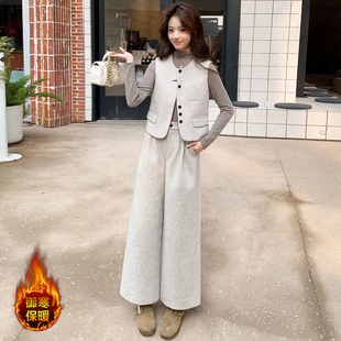 时尚休闲夹棉马甲打底衫阔腿裤三件套女冬新款气质韩版高级感套装